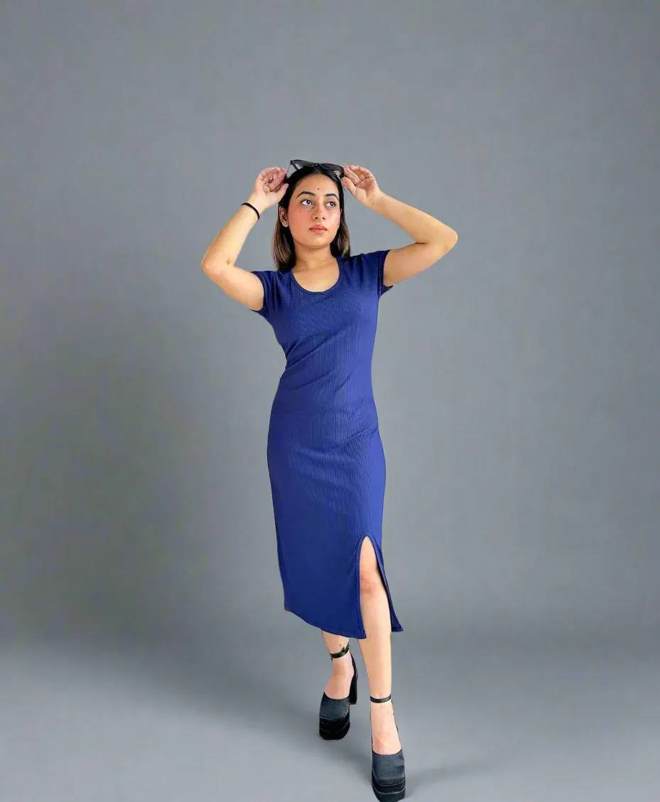 Imported Stretchable Ribbed Middi Dress