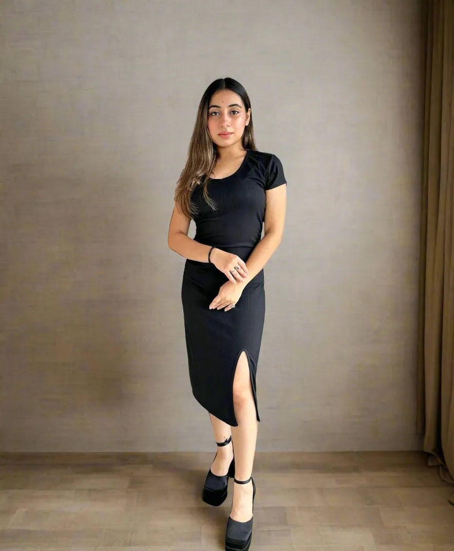 Imported Stretchable Ribbed Middi Dress