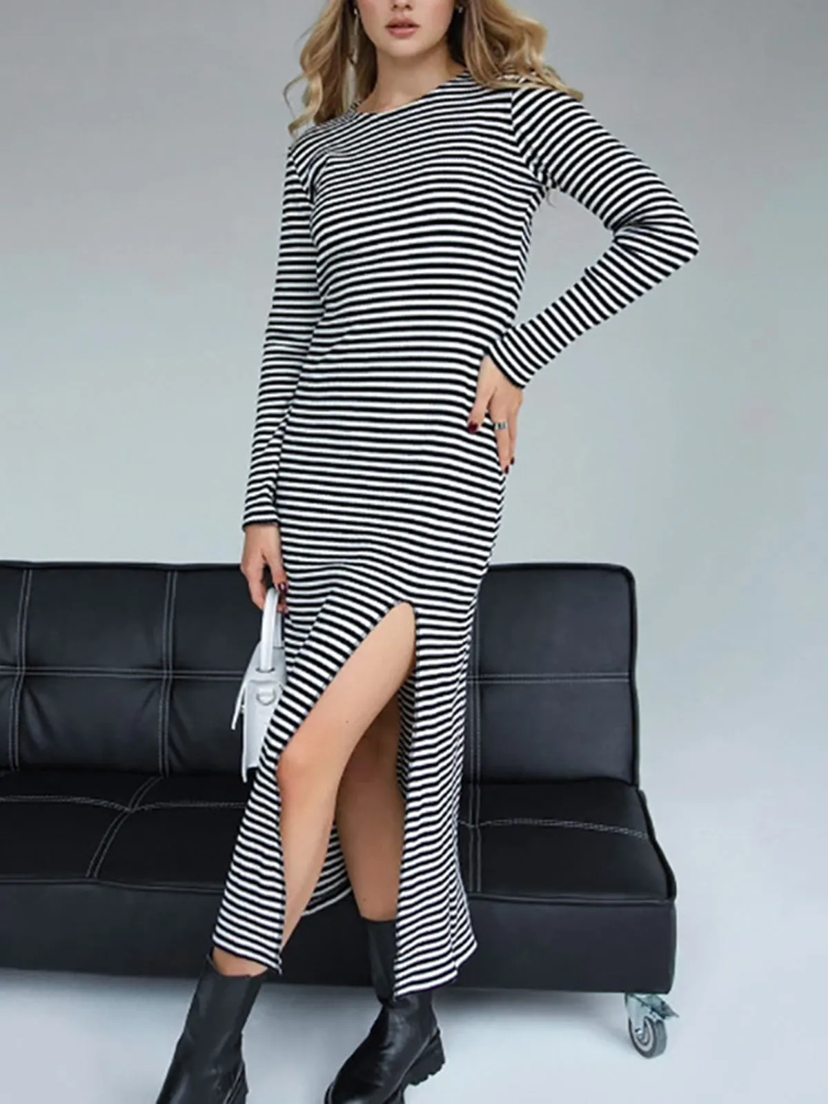 Know Your Worth Long Modern Sleeve Stripe Midi Dress