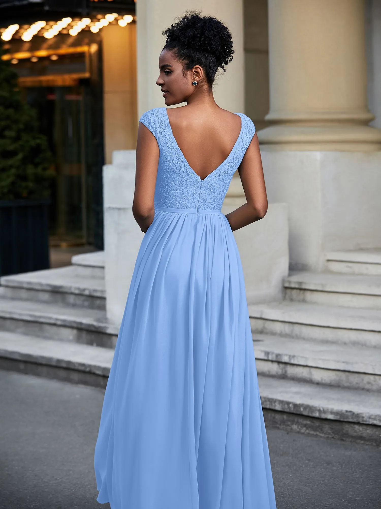 Lace and Chiffon Maxi Dress with Cap Sleeves-Blue Plus Size