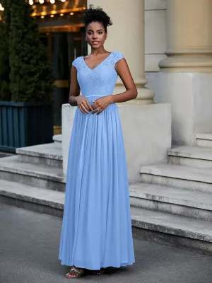 Lace and Chiffon Maxi Dress with Cap Sleeves-Blue Plus Size