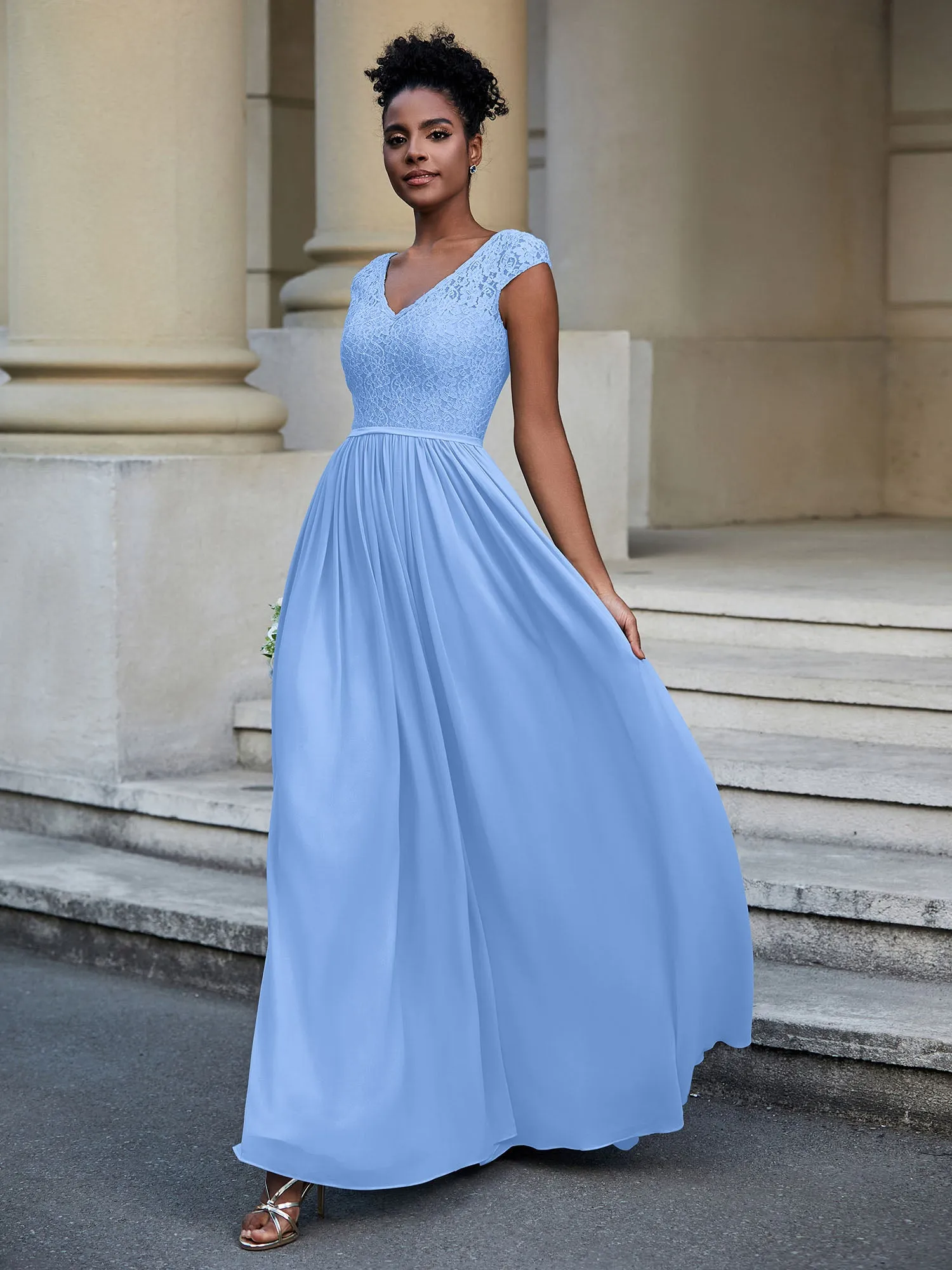 Lace and Chiffon Maxi Dress with Cap Sleeves-Blue Plus Size