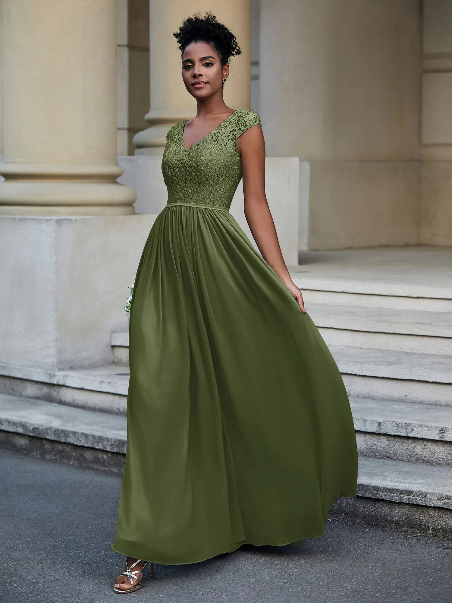 Lace and Chiffon Maxi Dress with Cap Sleeves-Olive Green Plus Size