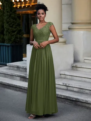 Lace and Chiffon Maxi Dress with Cap Sleeves-Olive Green Plus Size