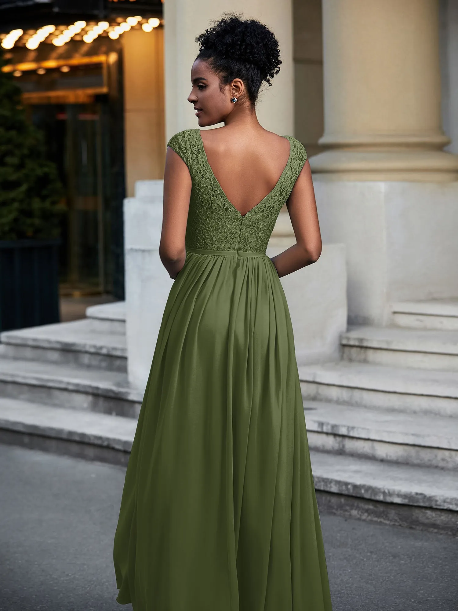 Lace and Chiffon Maxi Dress with Cap Sleeves-Olive Green Plus Size