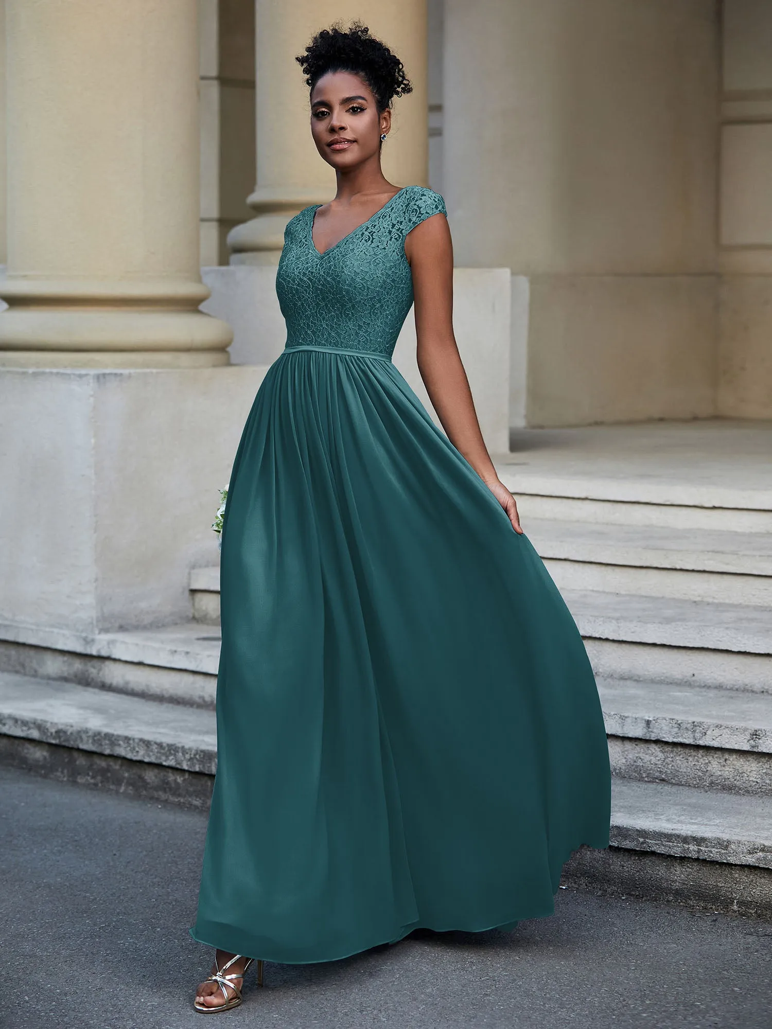 Lace and Chiffon Maxi Dress with Cap Sleeves-Peacock