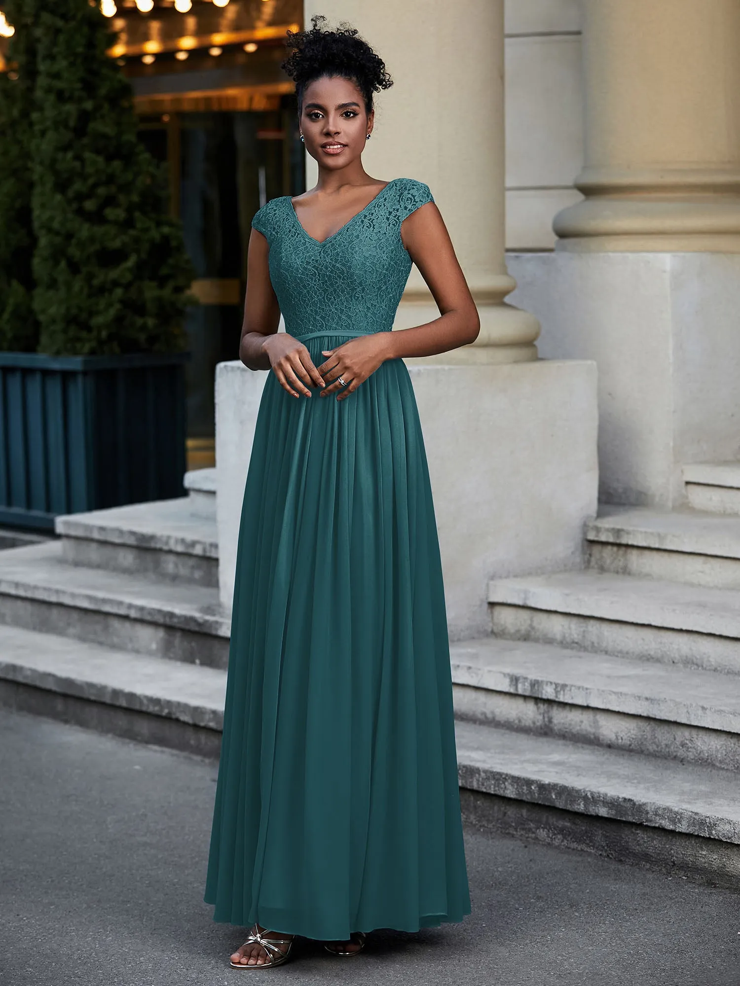 Lace and Chiffon Maxi Dress with Cap Sleeves-Peacock