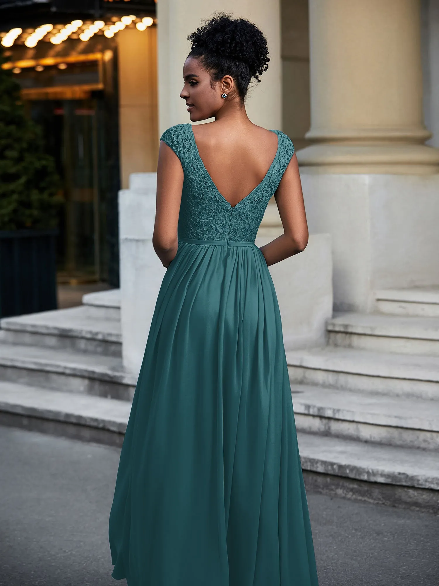 Lace and Chiffon Maxi Dress with Cap Sleeves-Peacock