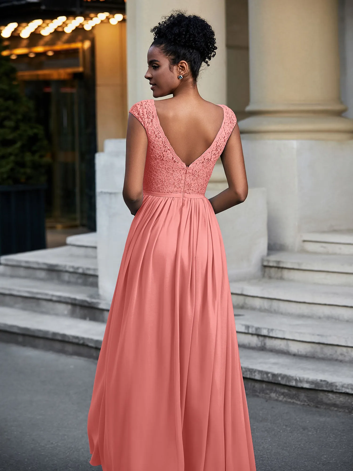 Lace and Chiffon Maxi Dress with Cap Sleeves-Sunset