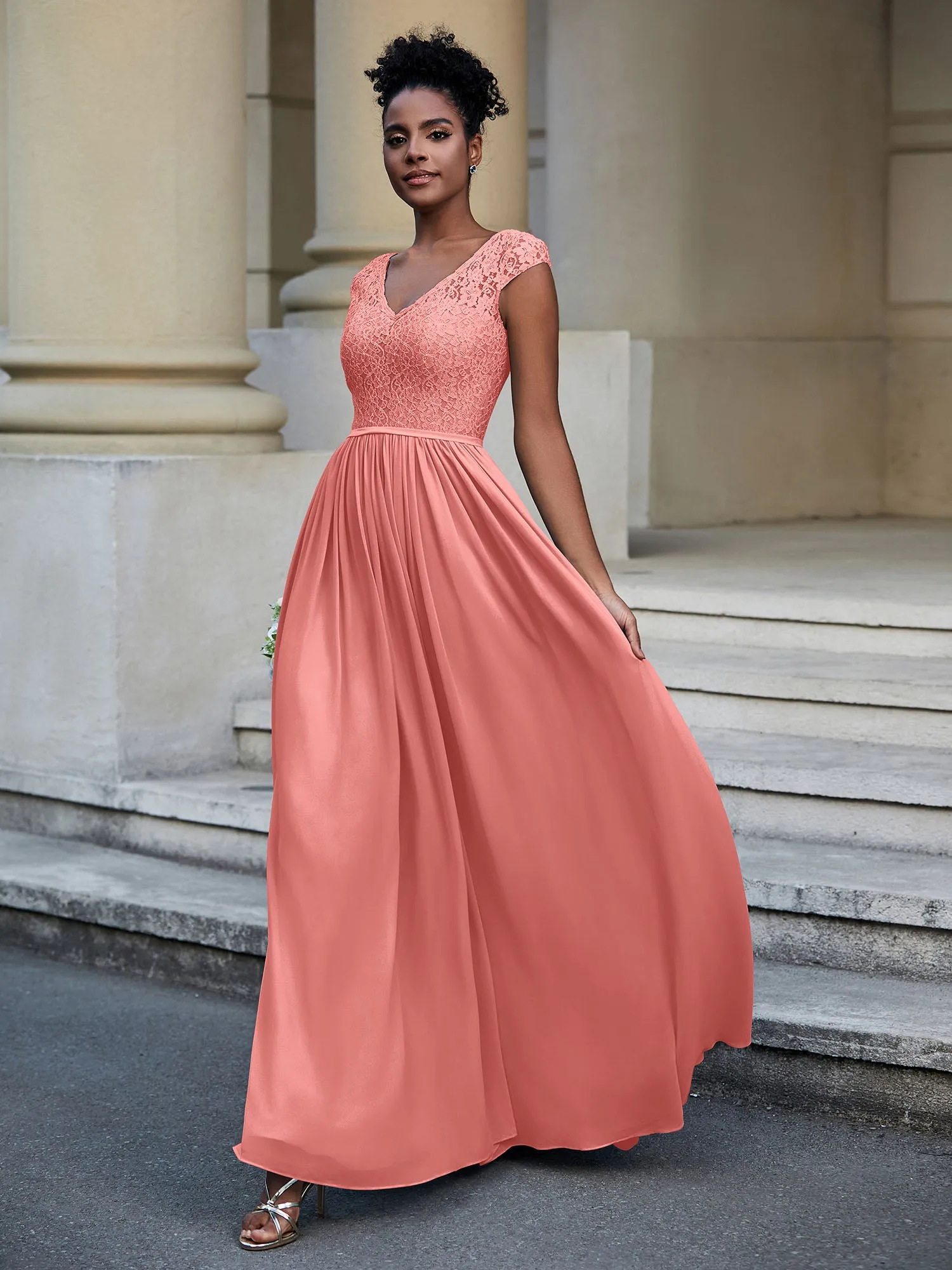 Lace and Chiffon Maxi Dress with Cap Sleeves-Sunset