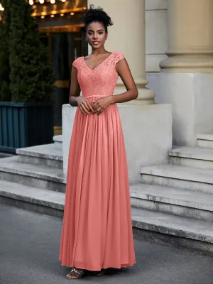 Lace and Chiffon Maxi Dress with Cap Sleeves-Sunset