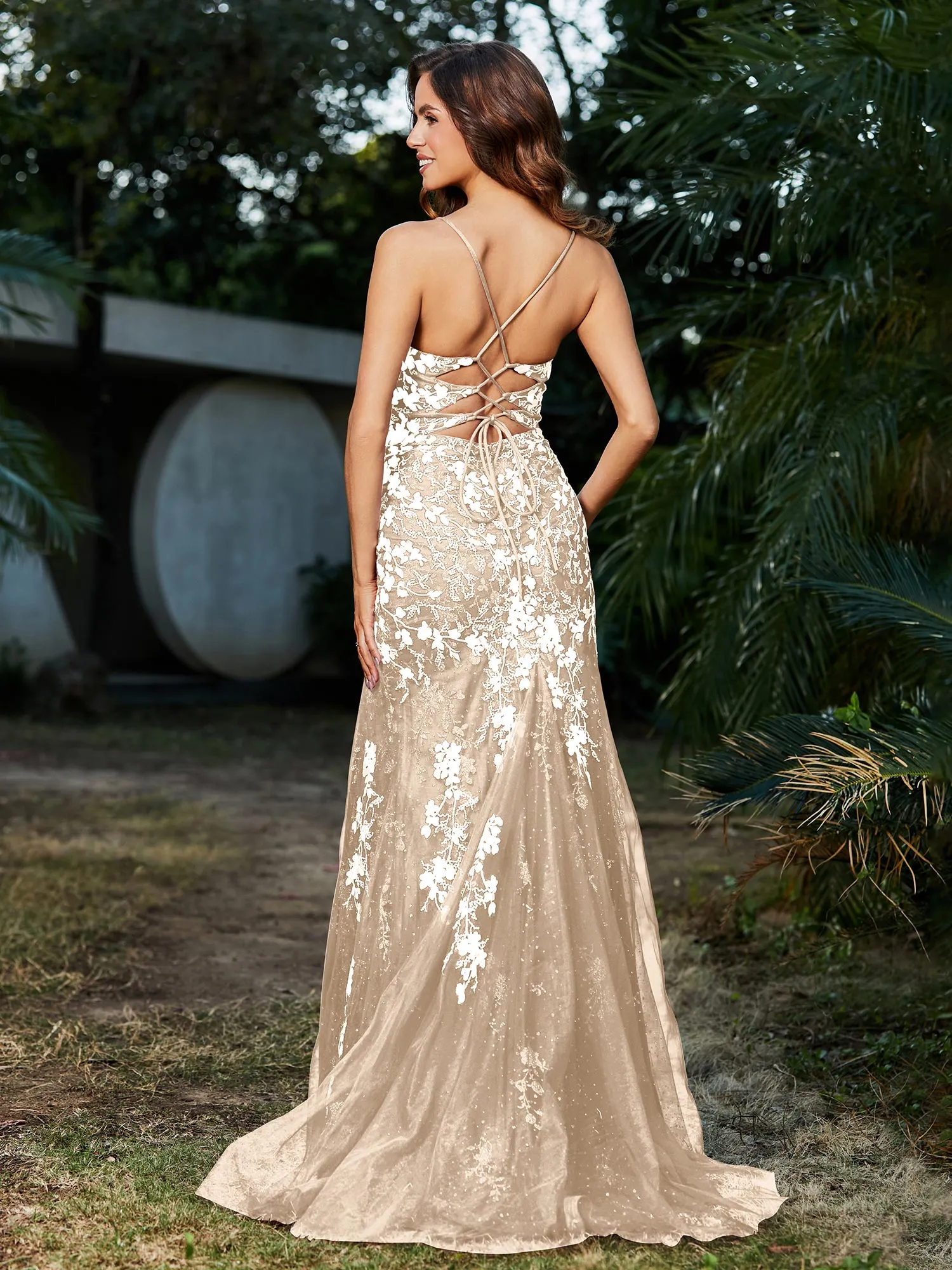 Lace Applique High Slit Fitted Tulle Dress Champagne