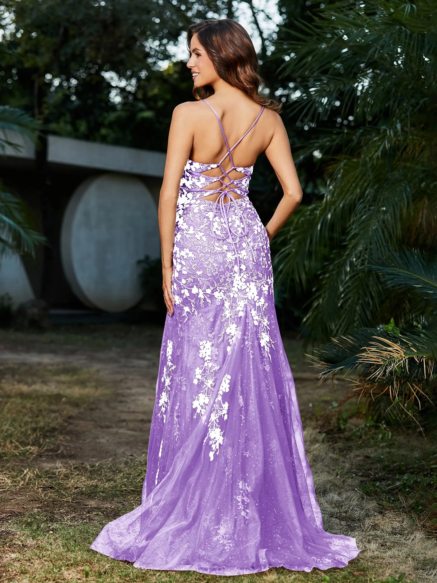 Lace Applique High Slit Fitted Tulle Dress Lilac