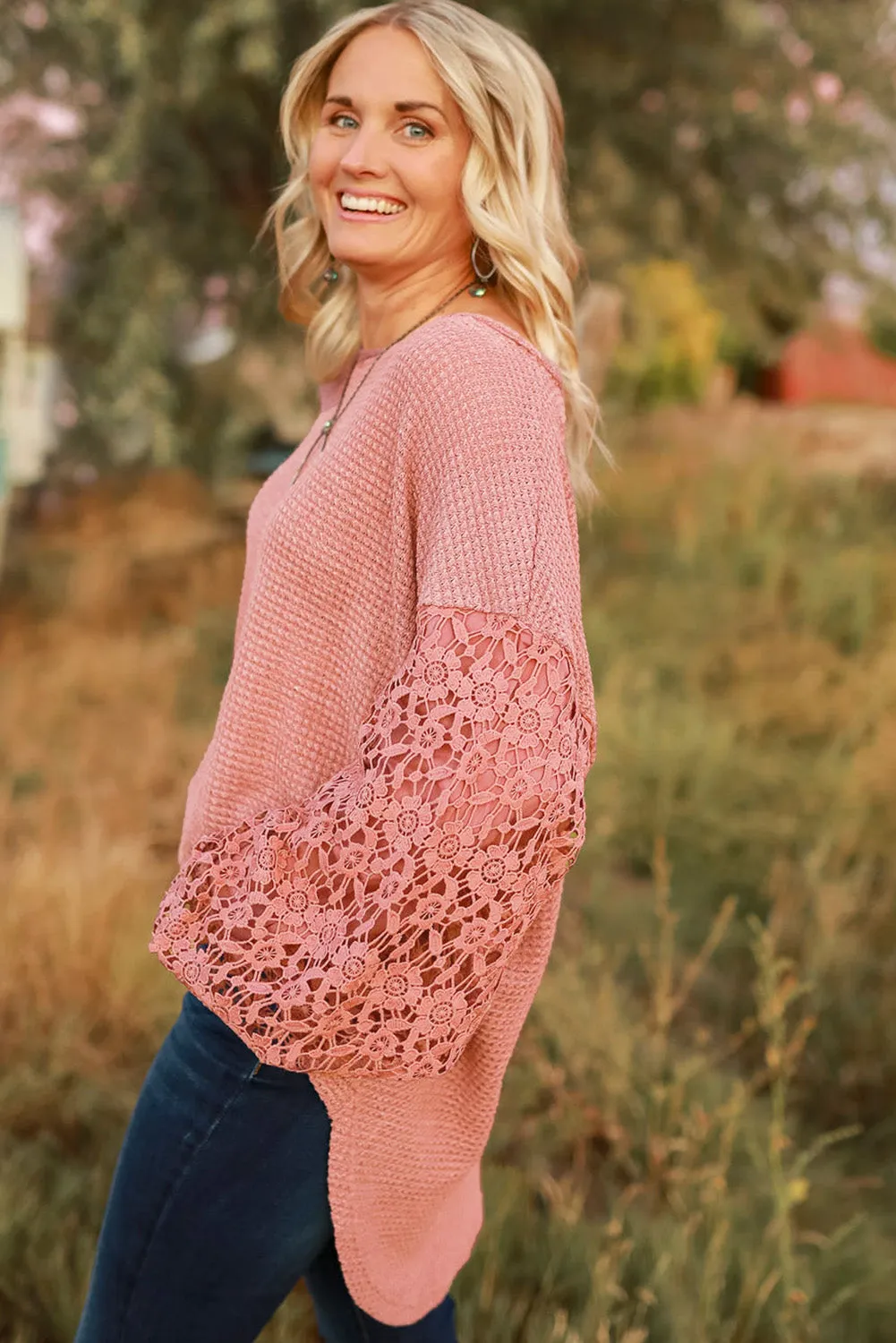 Lace Patchwork Waffle Knit Balloon Sleeve Blouse