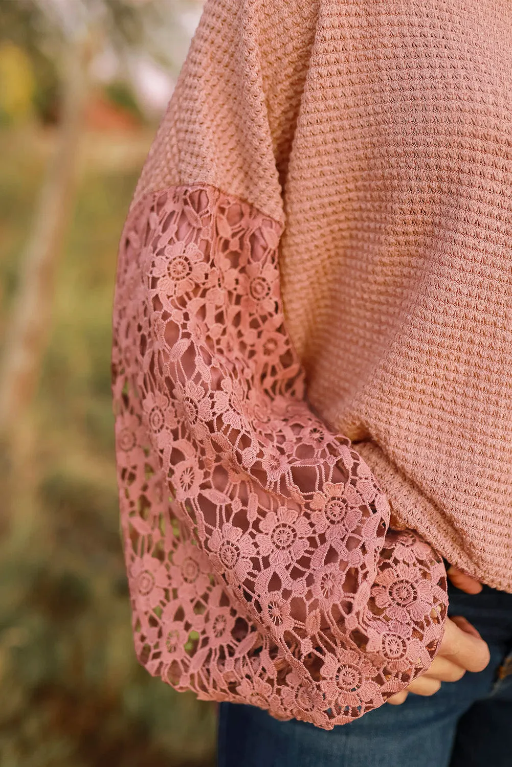 Lace Patchwork Waffle Knit Balloon Sleeve Blouse