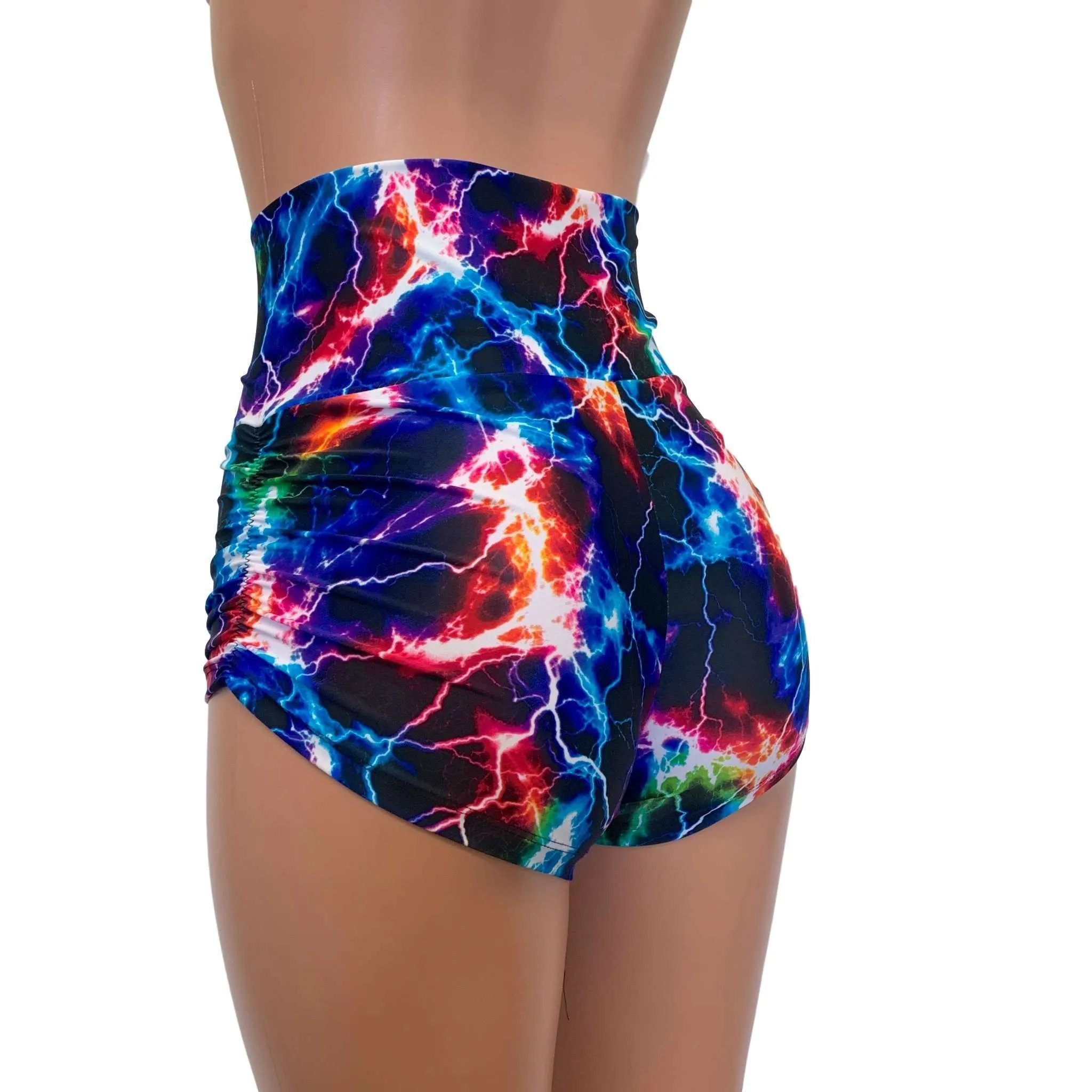 Lace-Up Ruched High Waist Booty Shorts - Sparkle Cosmic Thunder