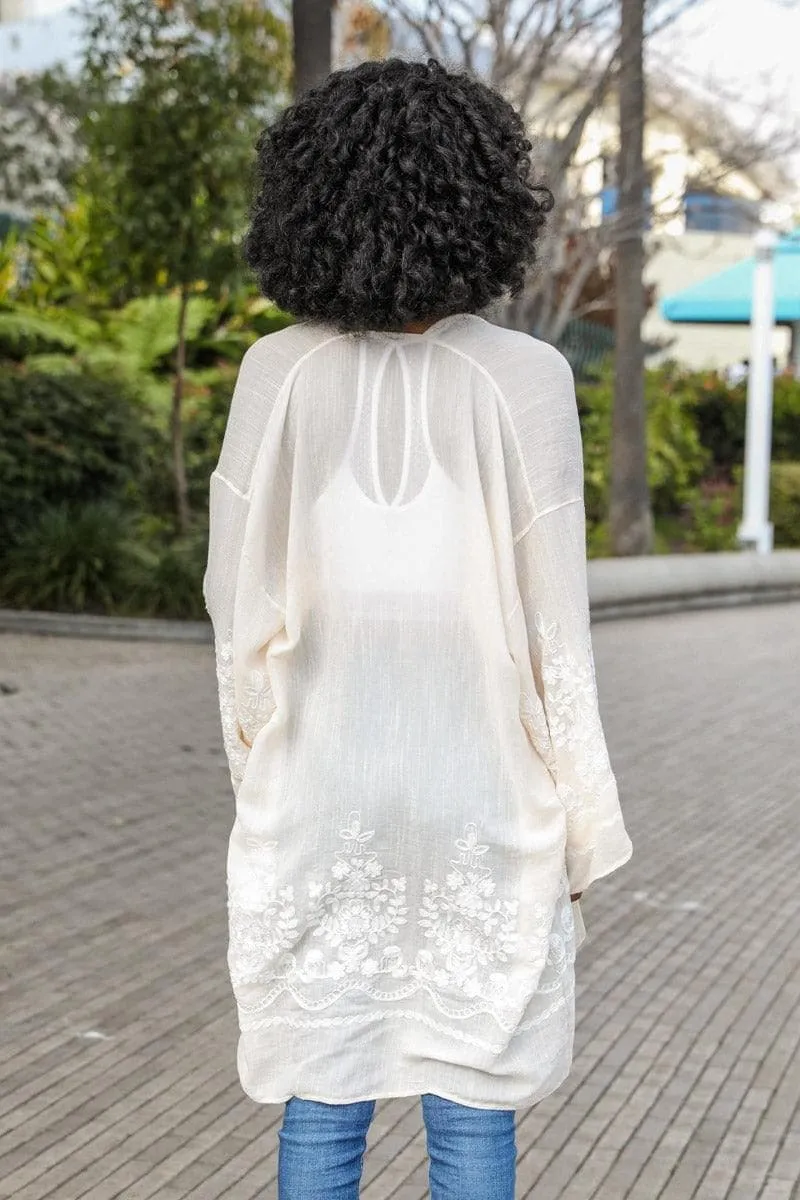 Leto Collection Embroidered Floral Vine Kimono