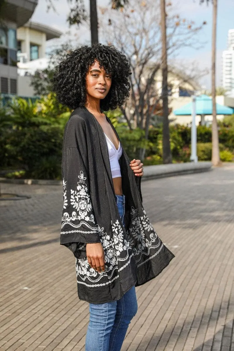 Leto Collection Embroidered Floral Vine Kimono