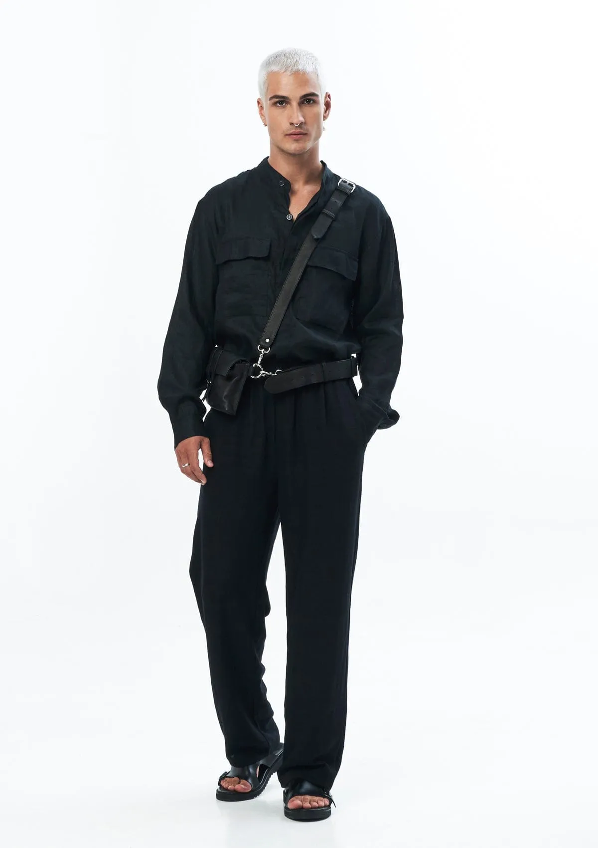 LINEN TRACK PANTS IN BLACK