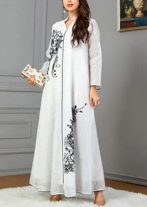 Loose White V Neck Print Cotton Dresses Long Sleeve AA1047