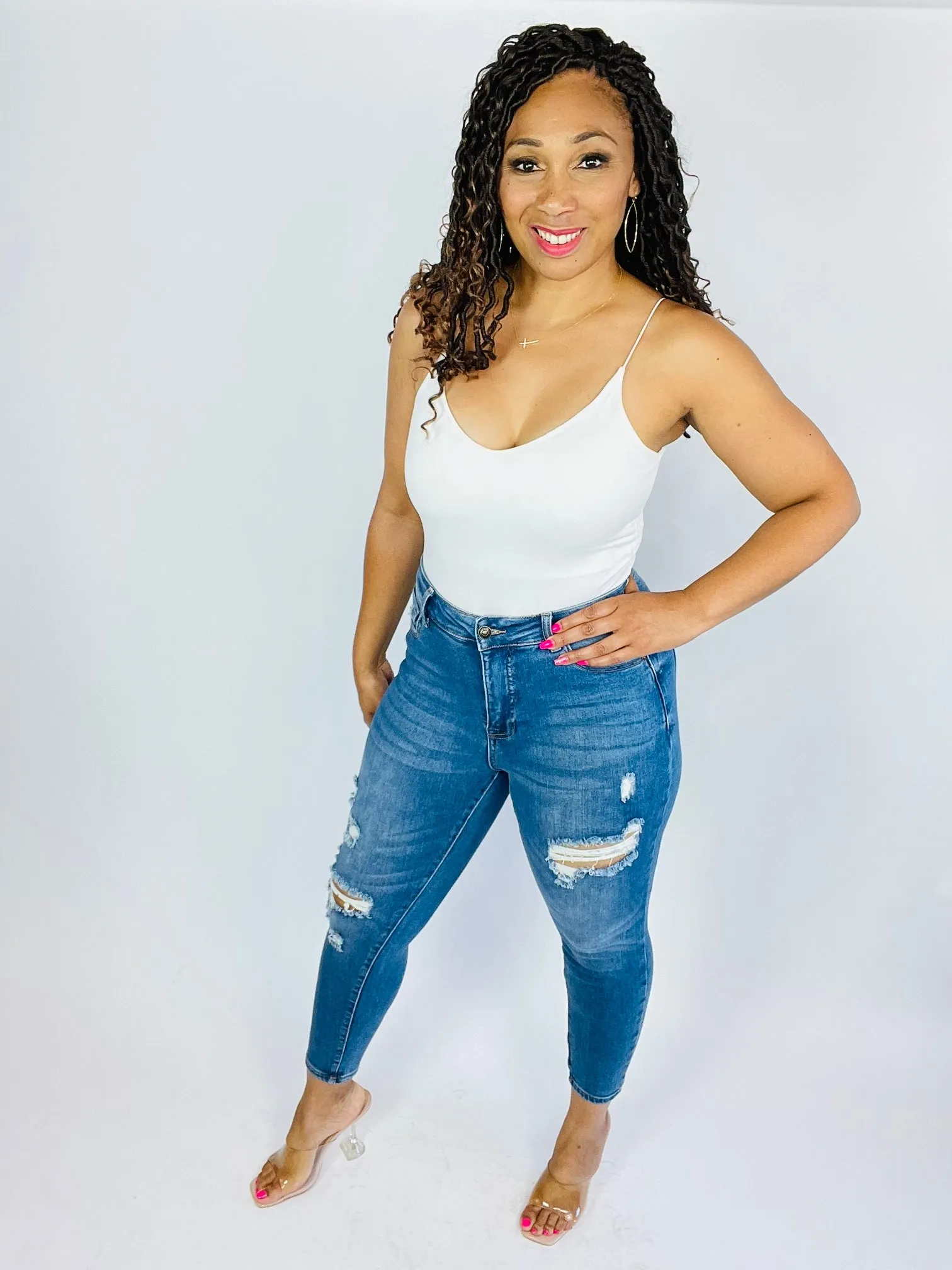 Medium Wash Distressed Skinny Jeans - Plus Size