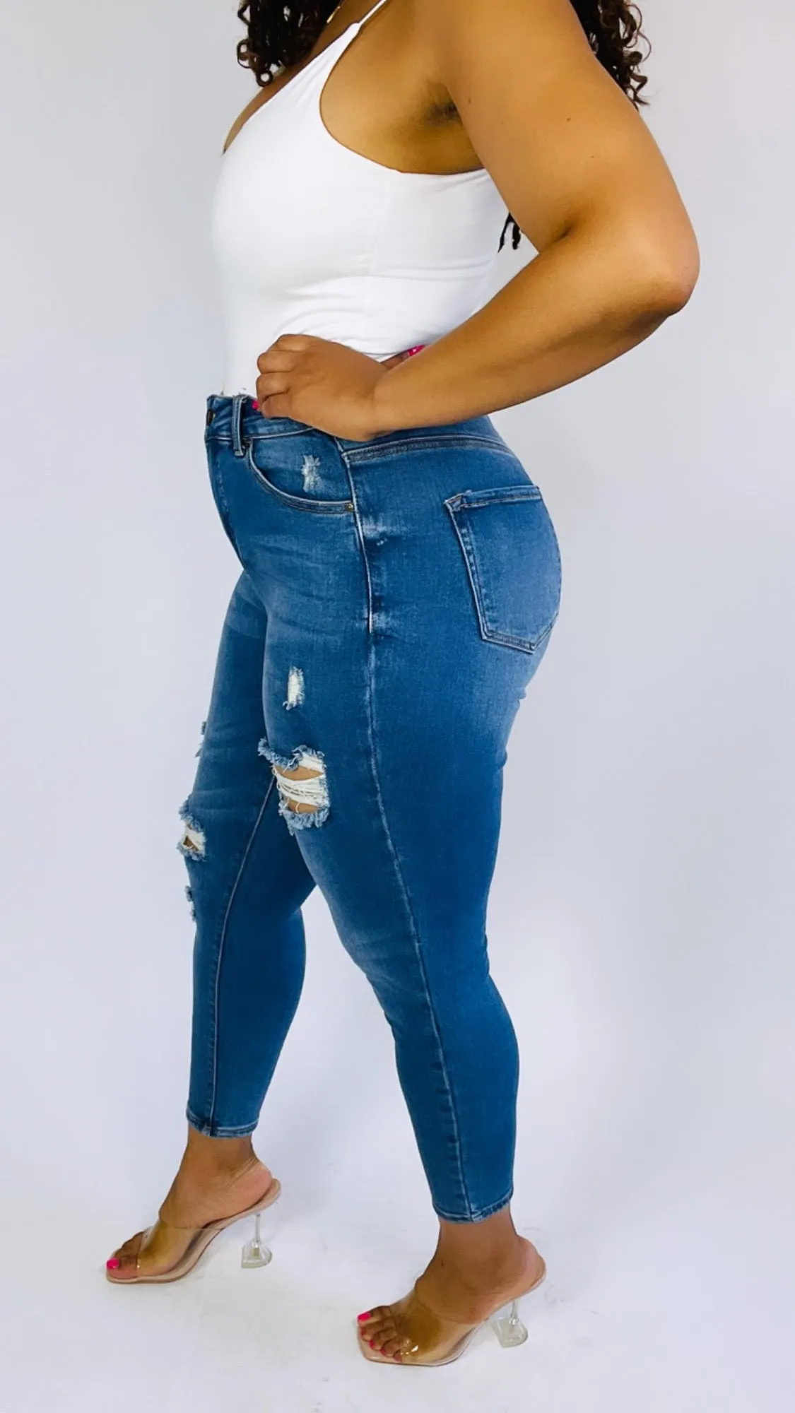 Medium Wash Distressed Skinny Jeans - Plus Size