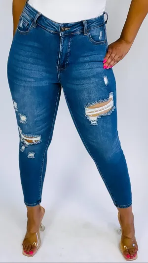 Medium Wash Distressed Skinny Jeans - Plus Size