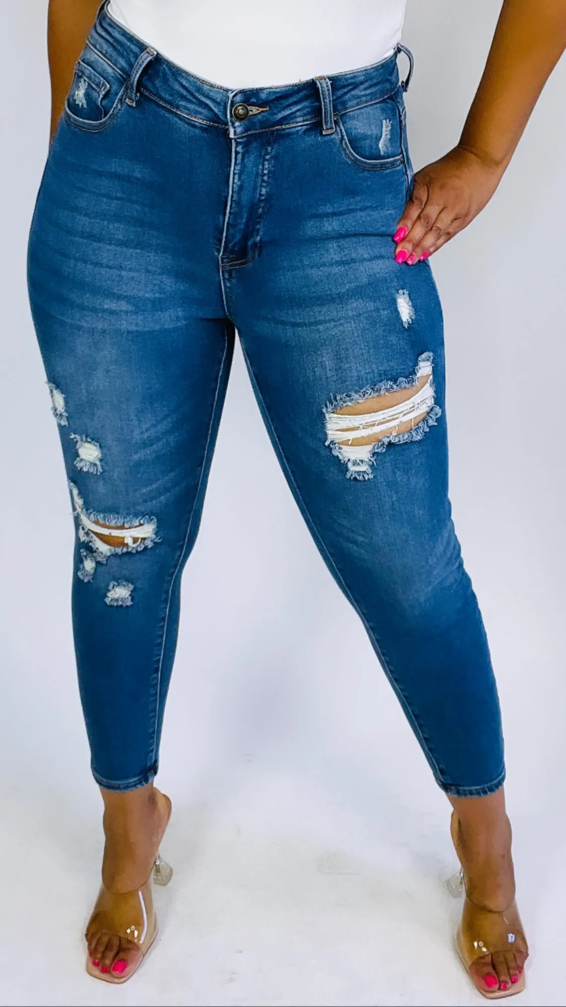 Medium Wash Distressed Skinny Jeans - Plus Size