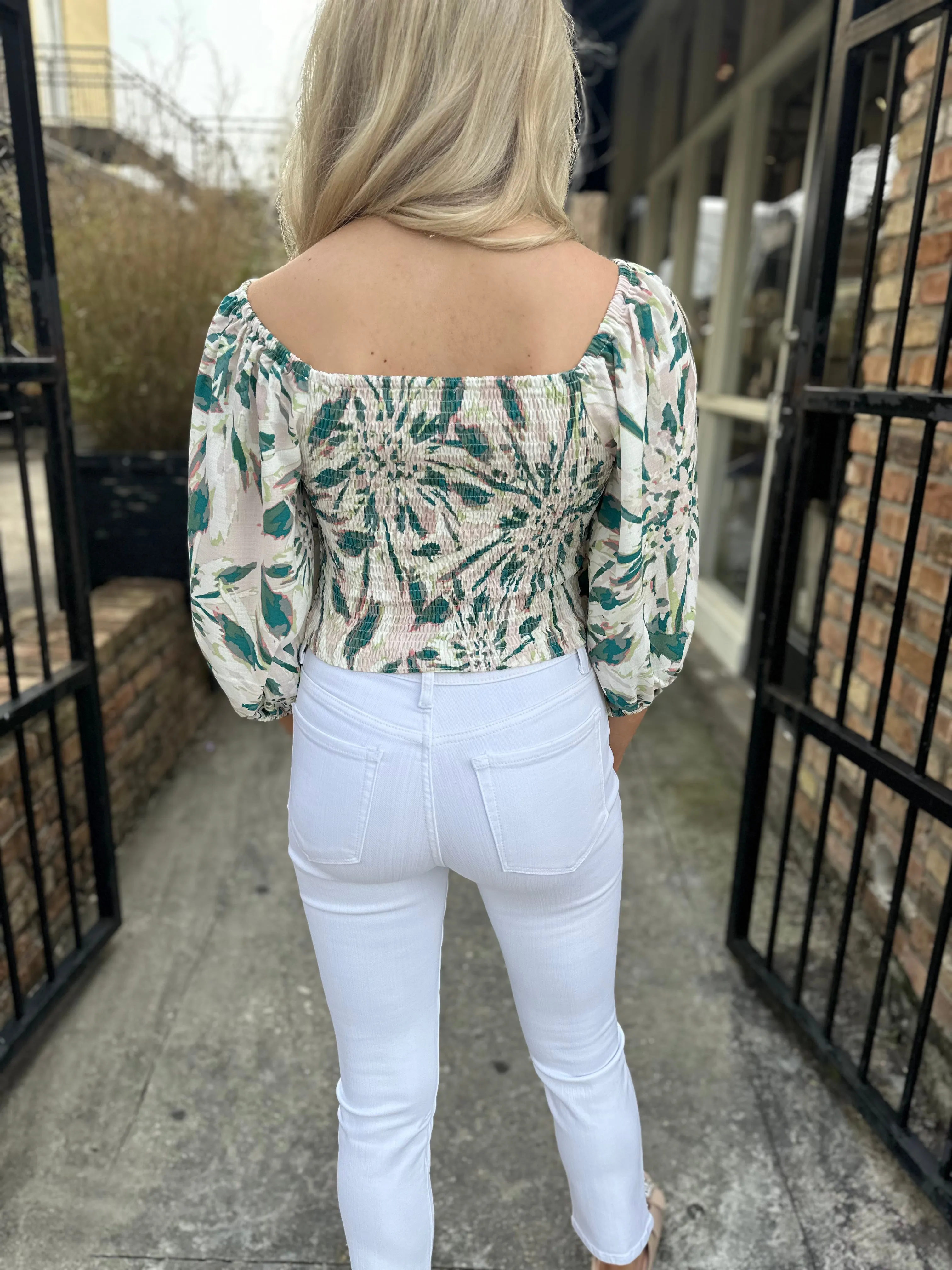 Moon & Back Smocked Top- Green Multi