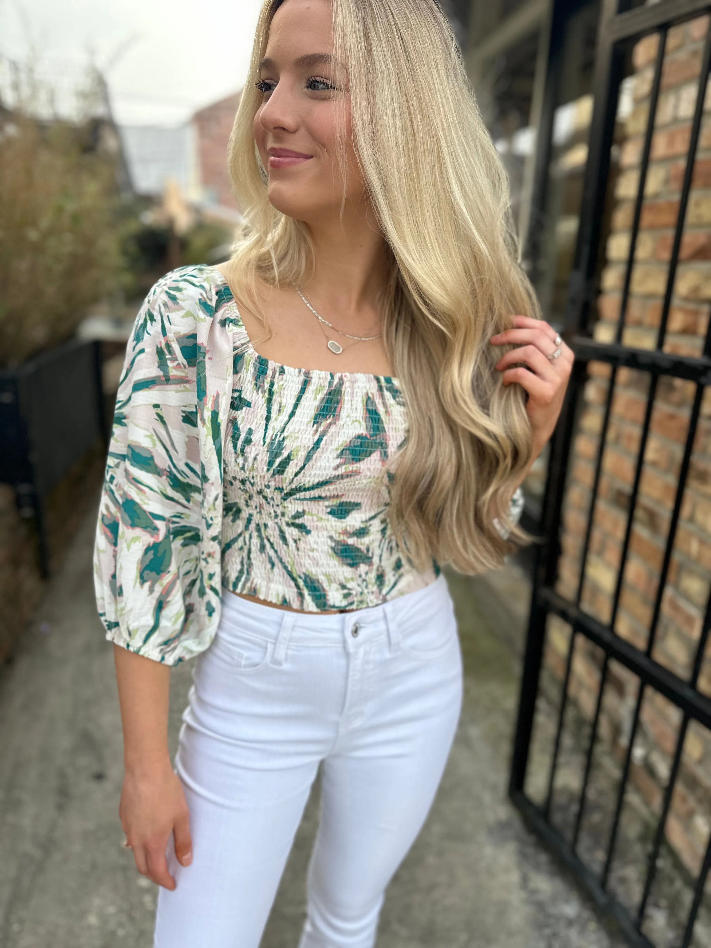 Moon & Back Smocked Top- Green Multi