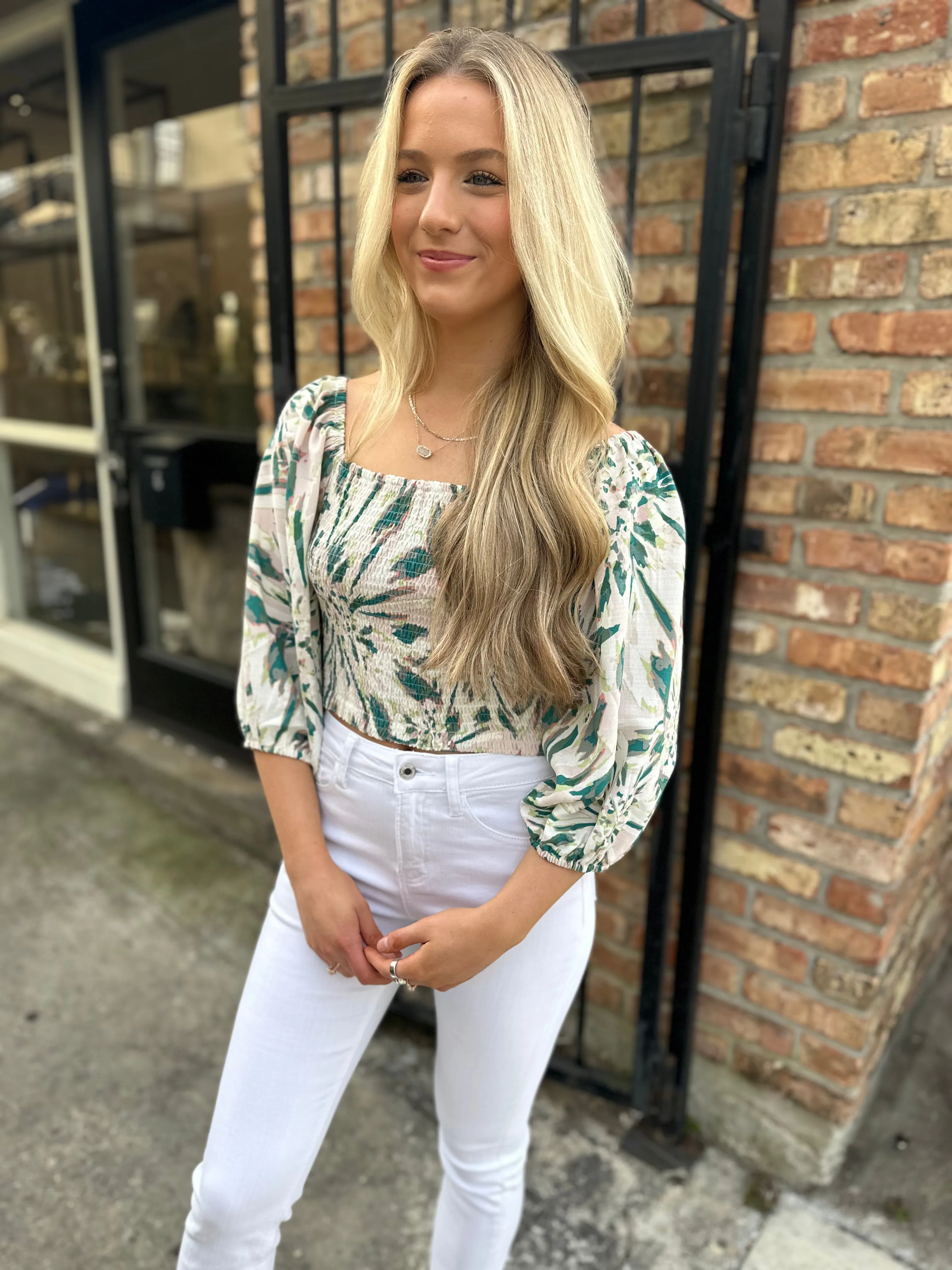 Moon & Back Smocked Top- Green Multi