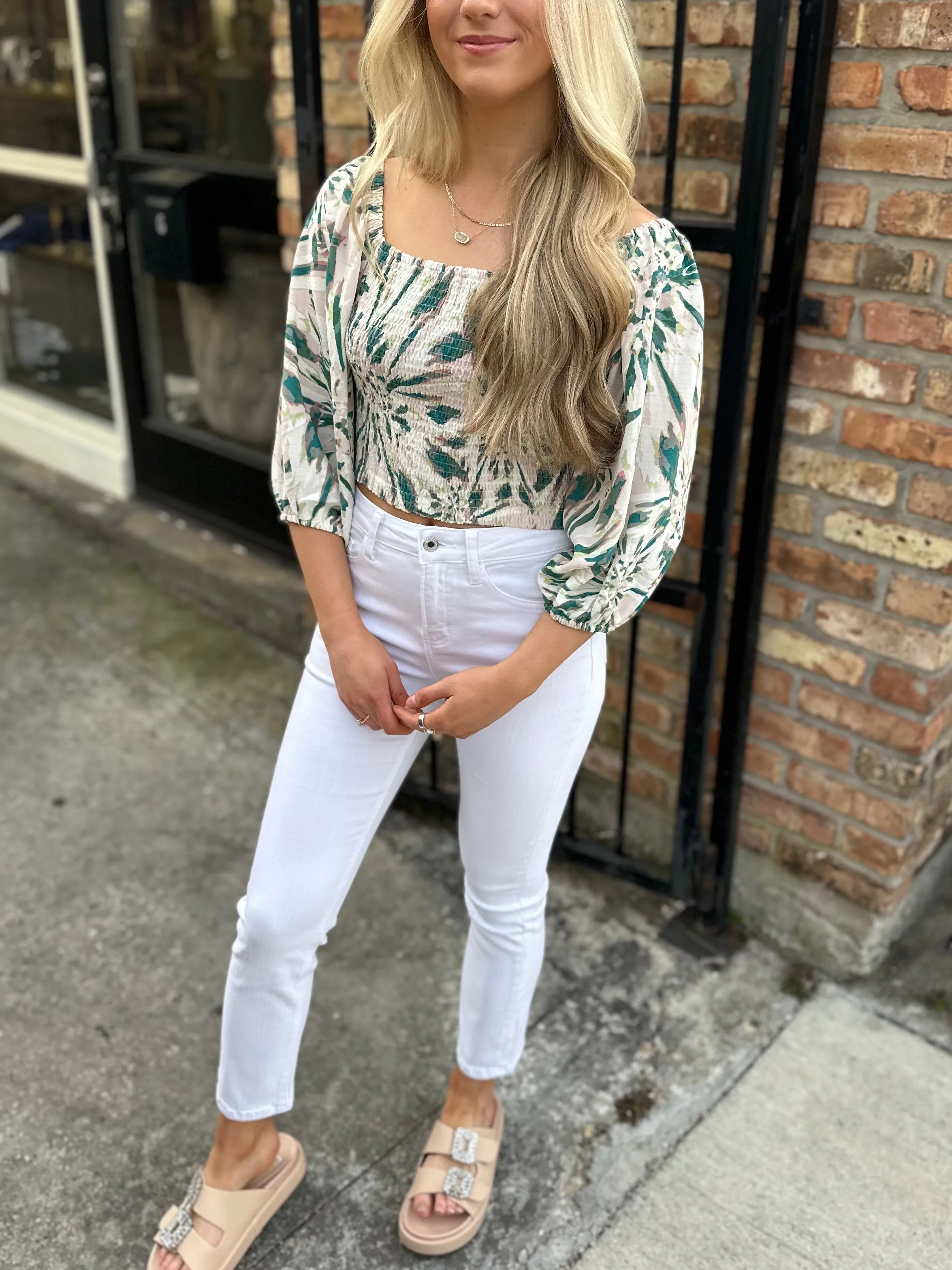Moon & Back Smocked Top- Green Multi