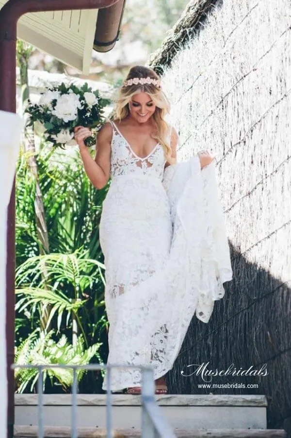 NumberSea Graceful Mermaid V-neck Lace Wedding Dresses With Sweep Train, MW936