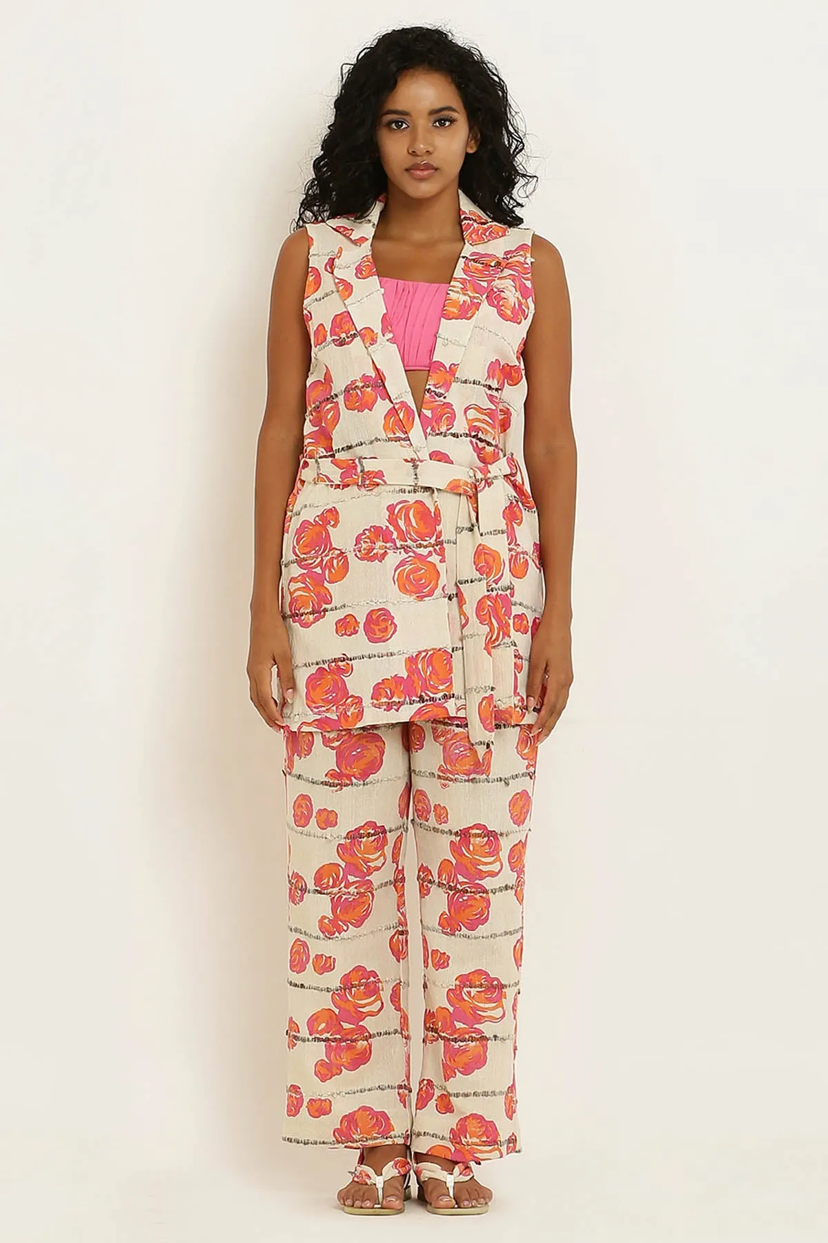 Pink Cotton Rose Print Pants