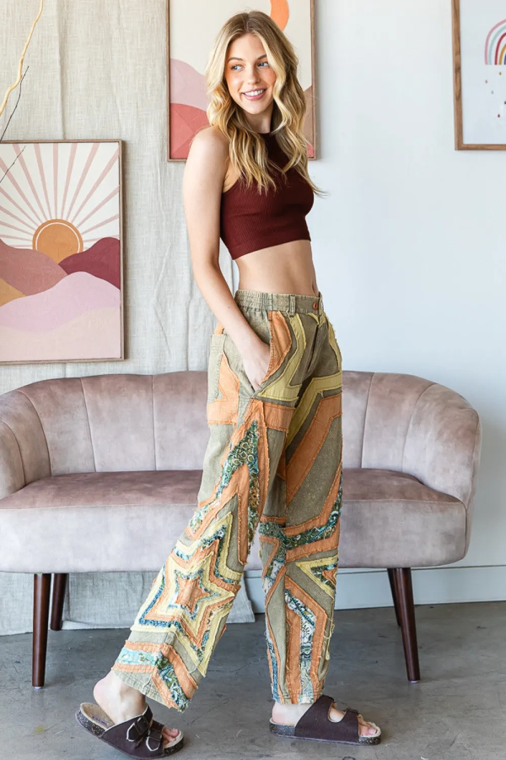Sage & Pumpkin Washed Star Patched Pants
