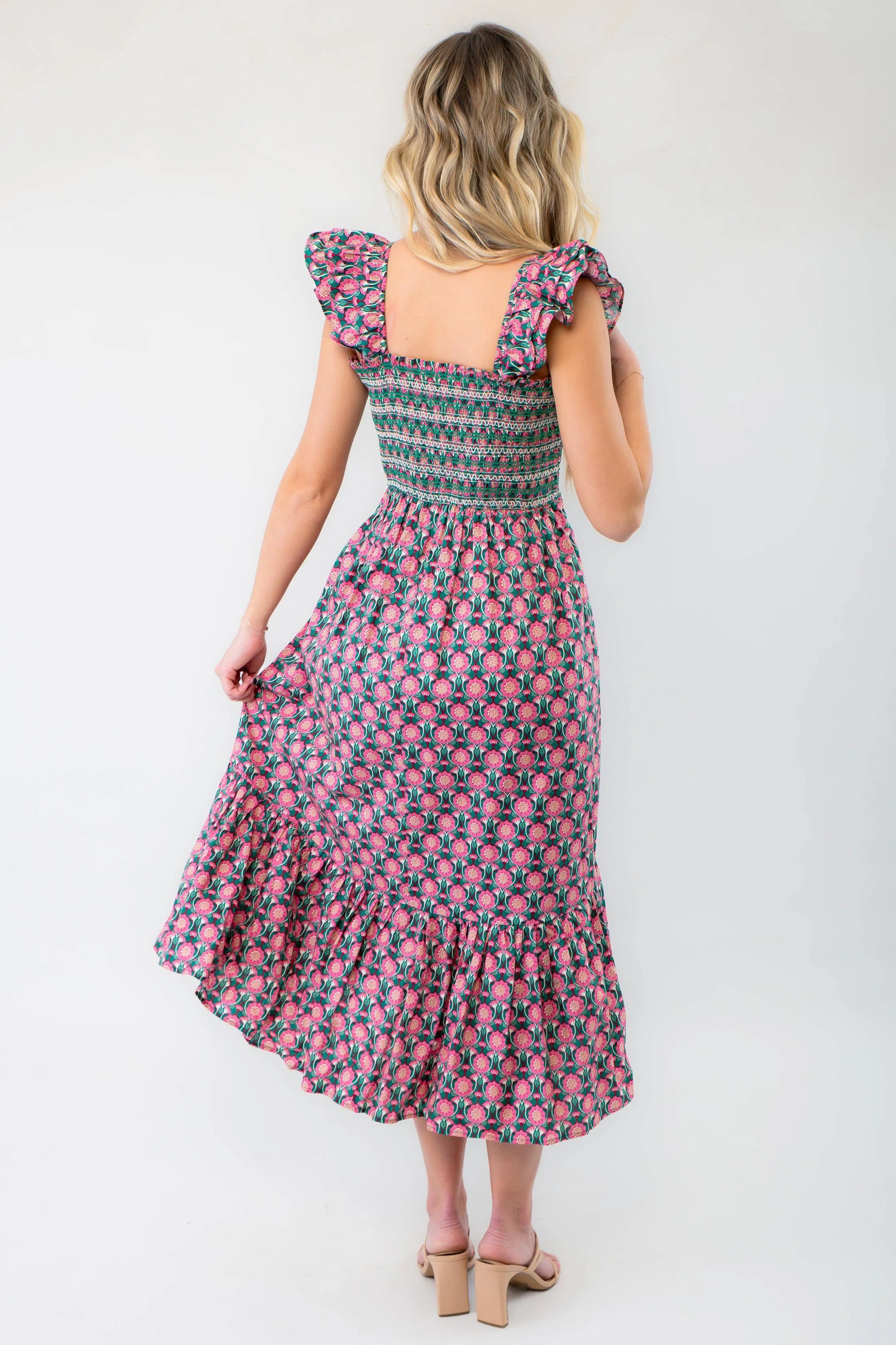 Skylar Pink & Green Smocked Ruffle Sleeve Midi Dress