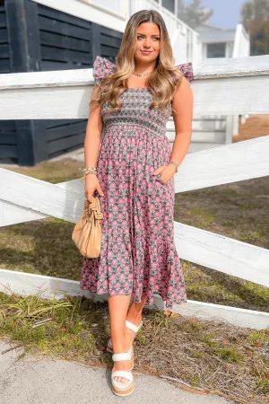 Skylar Pink & Green Smocked Ruffle Sleeve Midi Dress