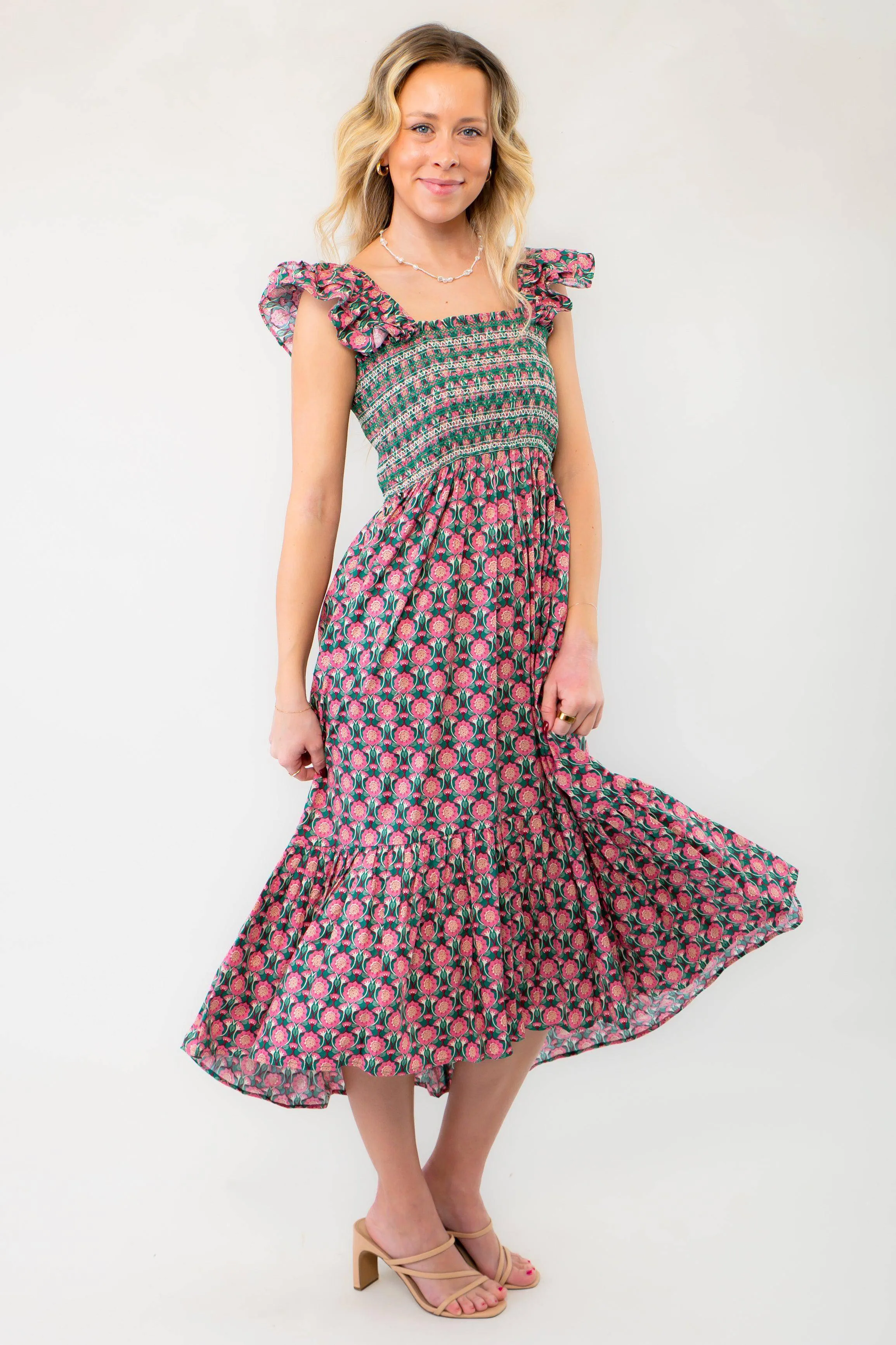 Skylar Pink & Green Smocked Ruffle Sleeve Midi Dress