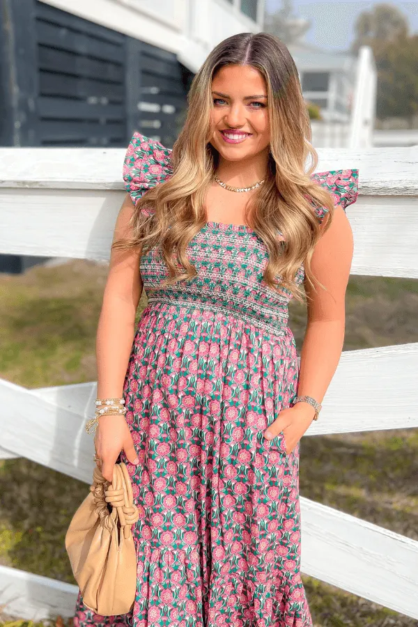 Skylar Pink & Green Smocked Ruffle Sleeve Midi Dress