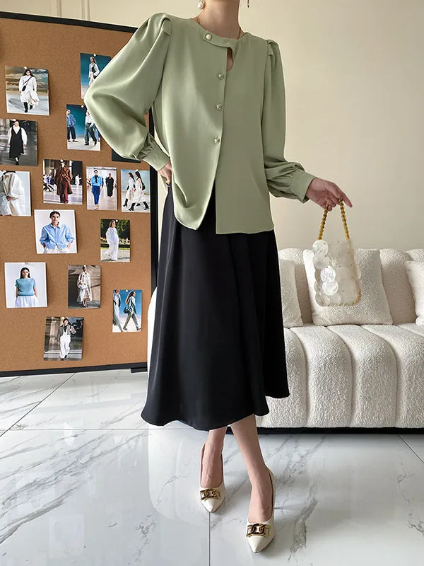 Urban Puff Sleeves Hollow Solid Color Round-Neck Blouses