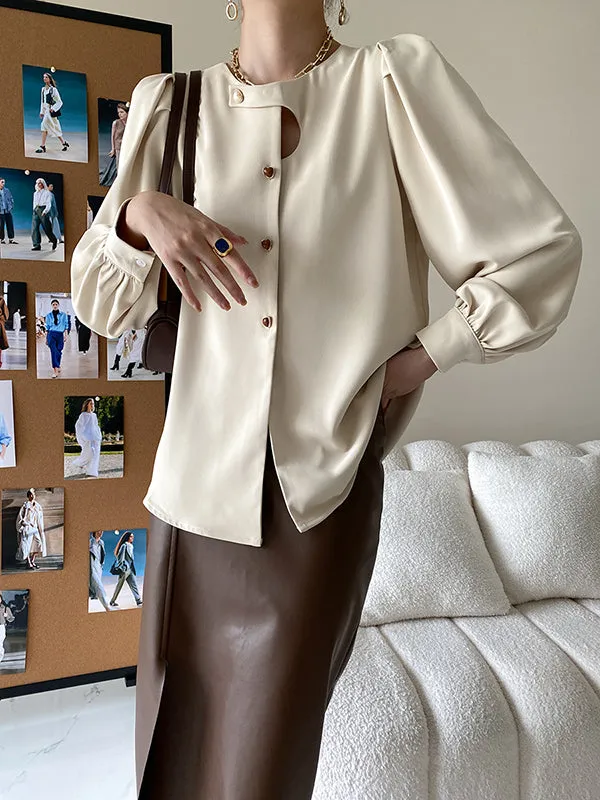Urban Puff Sleeves Hollow Solid Color Round-Neck Blouses