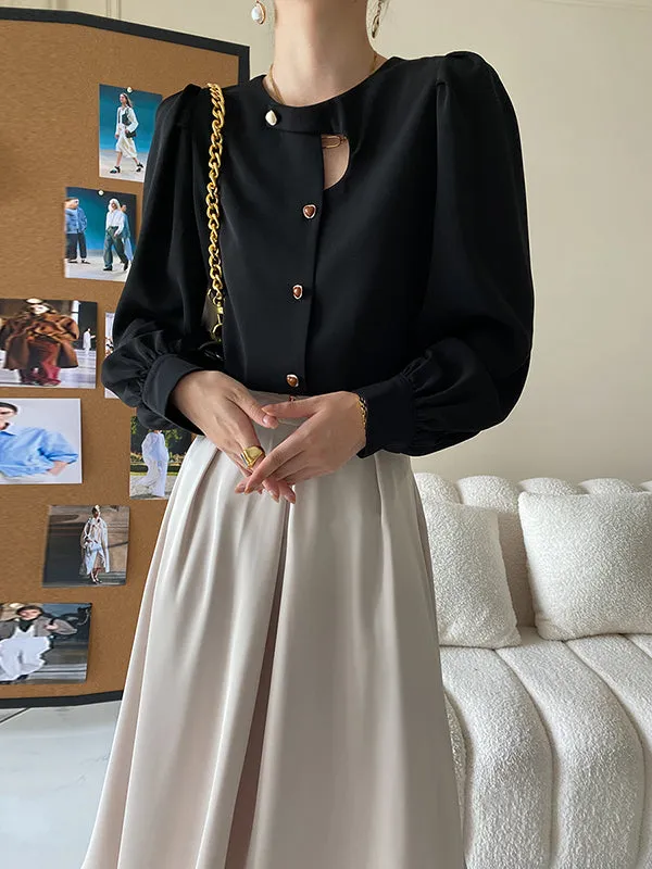 Urban Puff Sleeves Hollow Solid Color Round-Neck Blouses