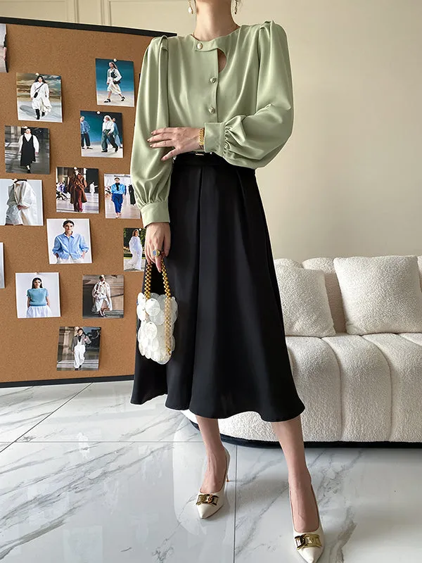 Urban Puff Sleeves Hollow Solid Color Round-Neck Blouses