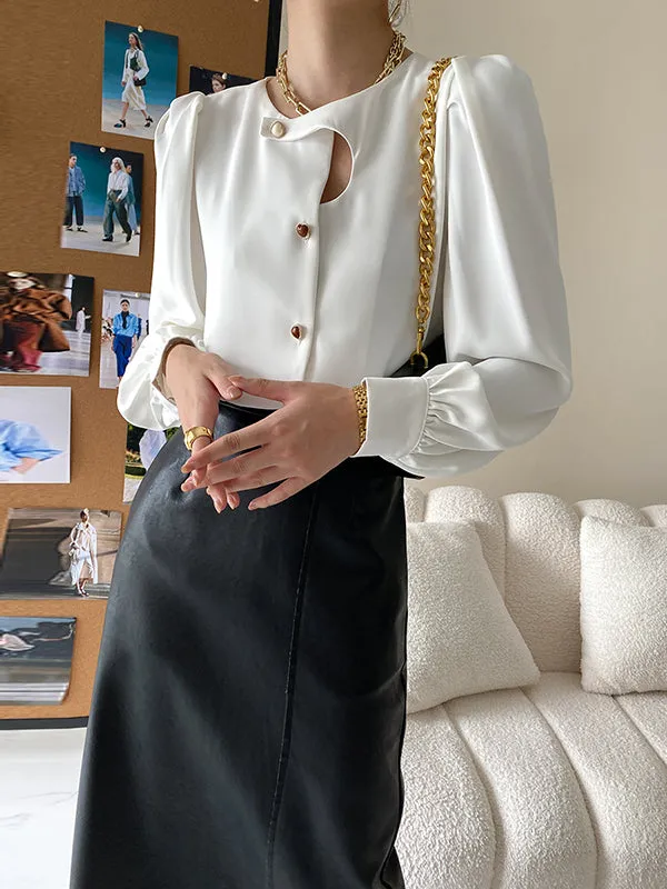 Urban Puff Sleeves Hollow Solid Color Round-Neck Blouses