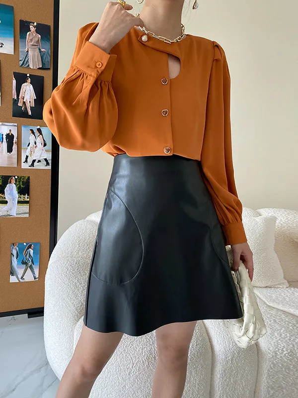 Urban Puff Sleeves Hollow Solid Color Round-Neck Blouses
