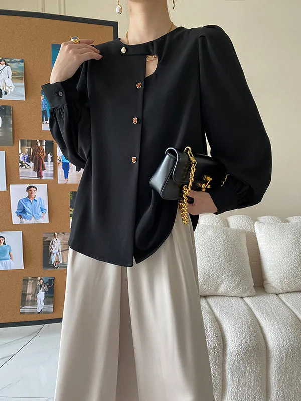 Urban Puff Sleeves Hollow Solid Color Round-Neck Blouses