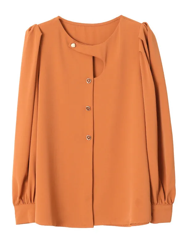 Urban Puff Sleeves Hollow Solid Color Round-Neck Blouses