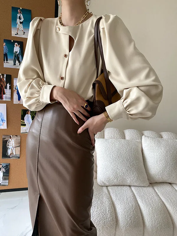 Urban Puff Sleeves Hollow Solid Color Round-Neck Blouses