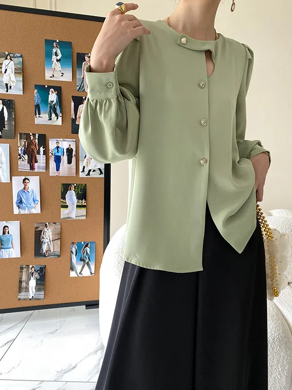 Urban Puff Sleeves Hollow Solid Color Round-Neck Blouses