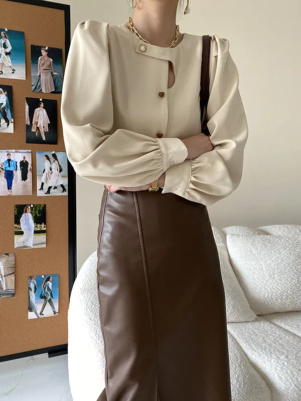 Urban Puff Sleeves Hollow Solid Color Round-Neck Blouses